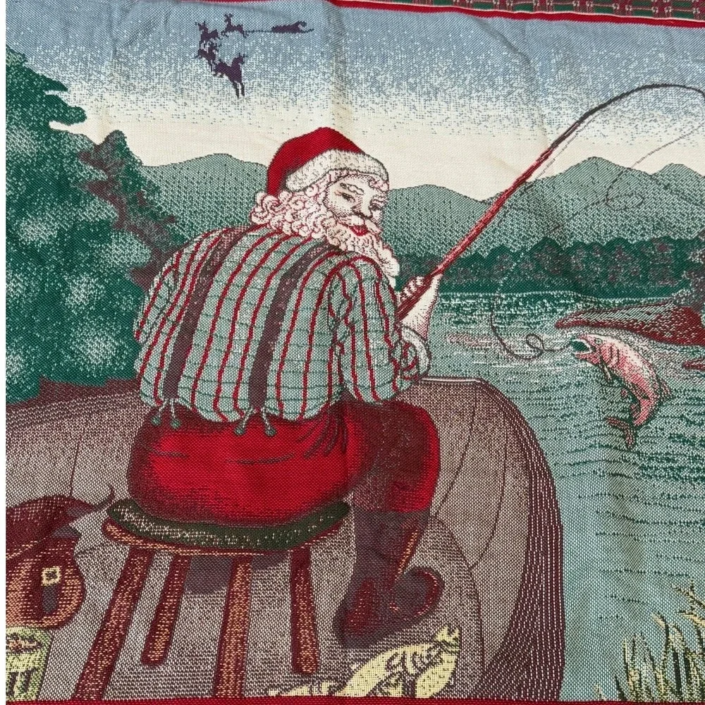 American Weavers Santa‎ Claus Fishing Tapestry Throw Blanket Christmas Cabin